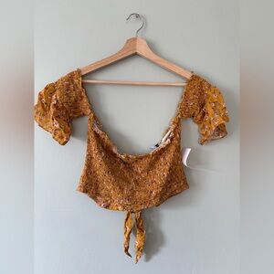 Tobi Floral Smocked Crop Top & Ruffle Shorts Set Mustard Yellow - NWT